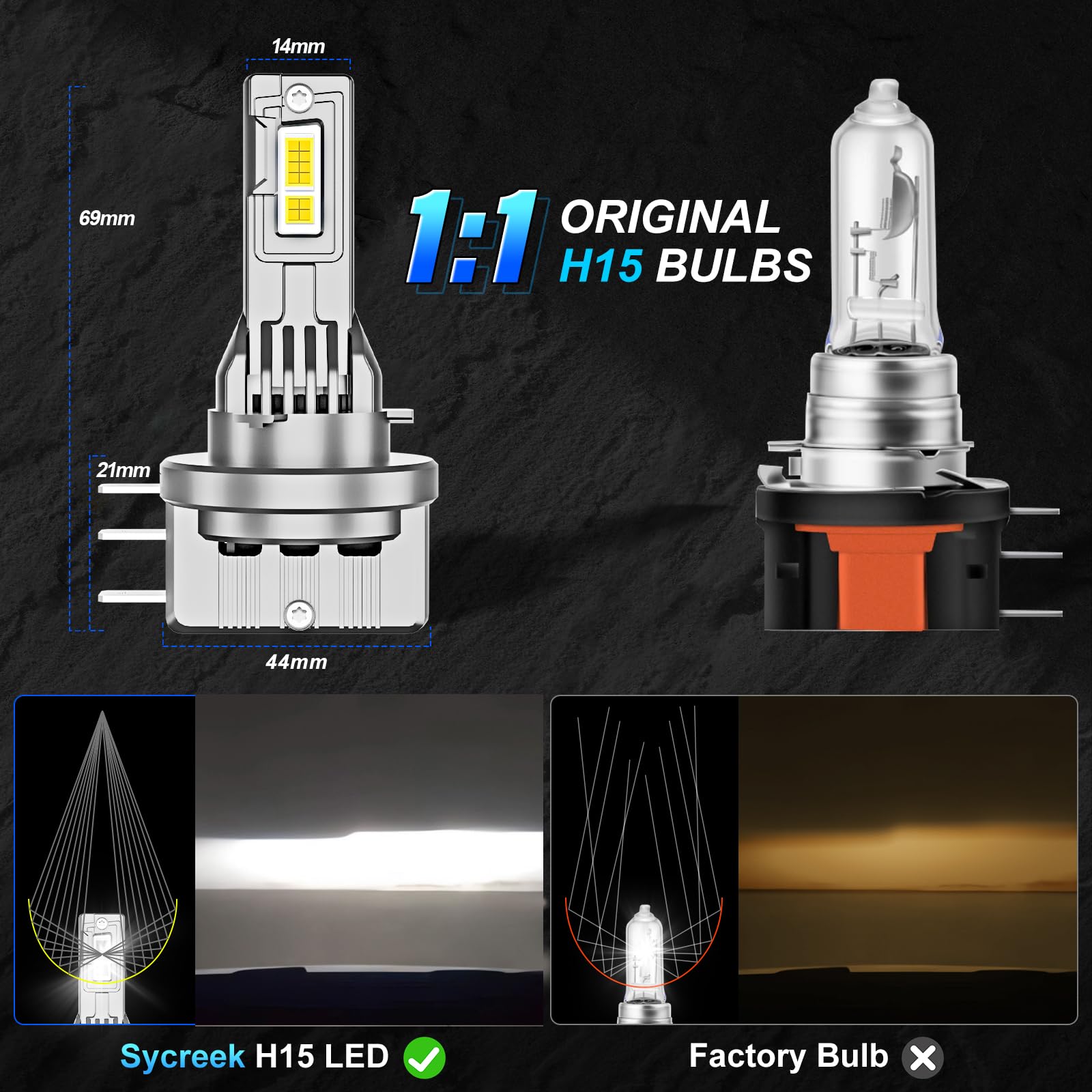 Sycreek Żarówki LED H15, 100 W, 30000 lm, 6000 K, białe do reflektorów samochodowych, anty błędów Canbus, zestaw do wymiany żarówek ksenonowych DRL, 2 żarówki H15 LED