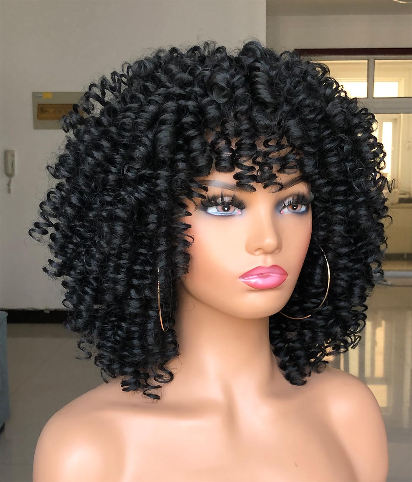 ISAMY Curly Afro Wig with Bangs Short Kinky Curly Wigs for Black Women Synthetic Fiber Soft Hair Short Curly Afro Wig(Black) - Image 3