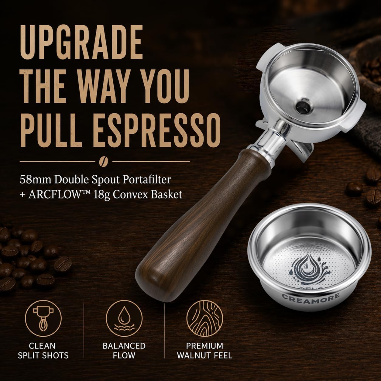 Espresso Accessories, 58mm Double Spout Portafilter with 18g ARCFLOW™ Convex Filter Basket, Walnut Wood Handle, Compatible with La Marzocco, Slayer, Rocket Espresso, Lelit & E61 Machines