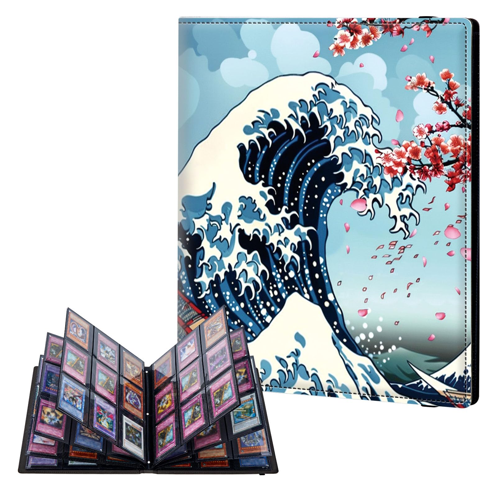 ETLKJVBL 9 Pocket Trading Card Binder, Card Collection Binder for TCG, MTG, Sports Cards, Baseball, Great Wave Cherry Blossoms Trading Card Book Holder for Collectors, Top Loader Binder — image 1