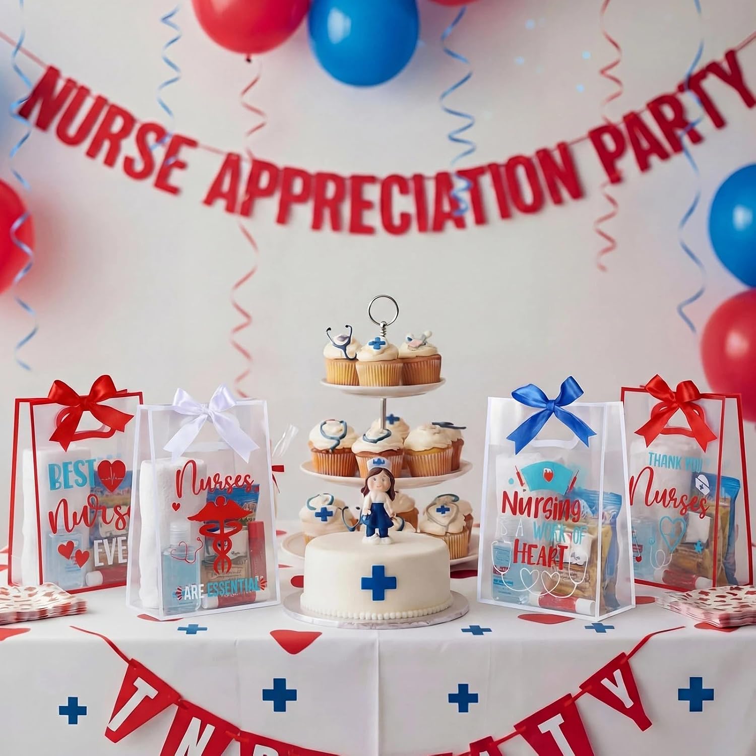 Gersoniel 24 Pack Nurse Week Clear Gift Bags with Handle Reusable Plastic Best Nurse Ever Tote Bags Red Blue Nursing Goodie Present Pouches for Nursing Party Favors Supplies, 7 x 10 x 3.15 Inch image 4