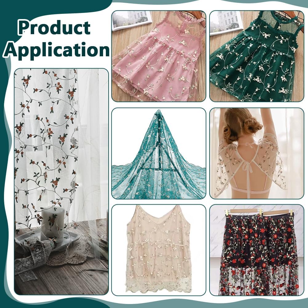 NBEADS 3 Yards Embroidered Flower Fabric, 51inch Wide Organza Embroidered Tulle Lace Fabric Mesh Lace Fabric for DIY Wedding Handmade Dress Supplies, Sea Green
