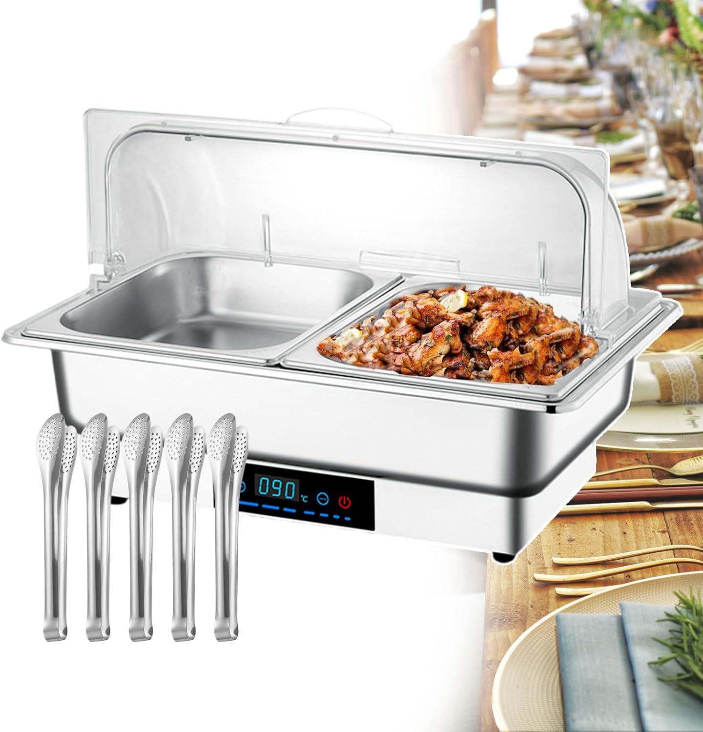 Electric Chafing Dish with 5 Food Clip, Commercial Food Warmer 9L Large Capacity Warming Tray with Temperature Control Display 50-90°C for Home Use, Catering Parties, Wedding,2-Grid