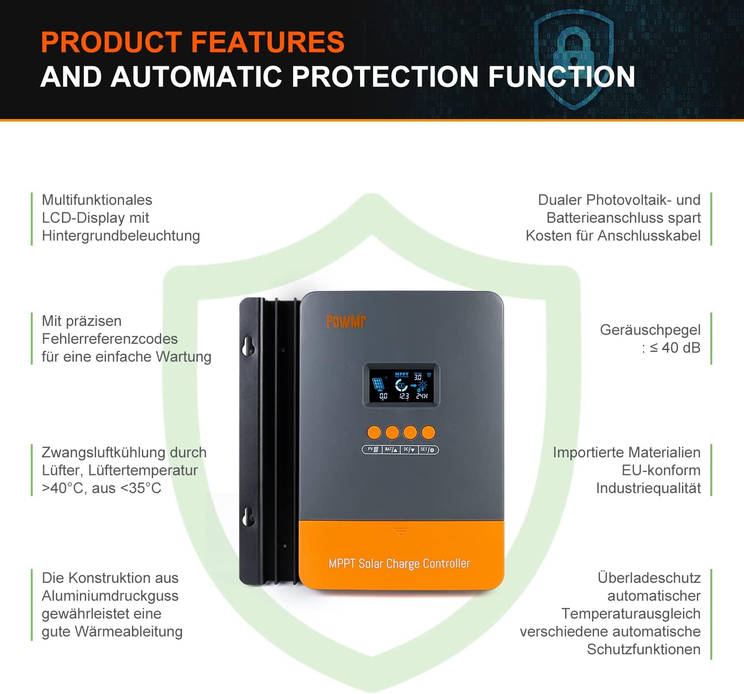 PowMr MPPT 60A Solar Charge Controller features and protection functions