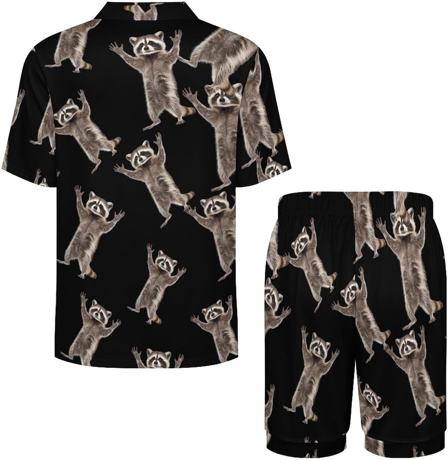 Cute Raccoon Men's Short Sleeve Pajama Set Satin Silk Like Lounge Sleepwear