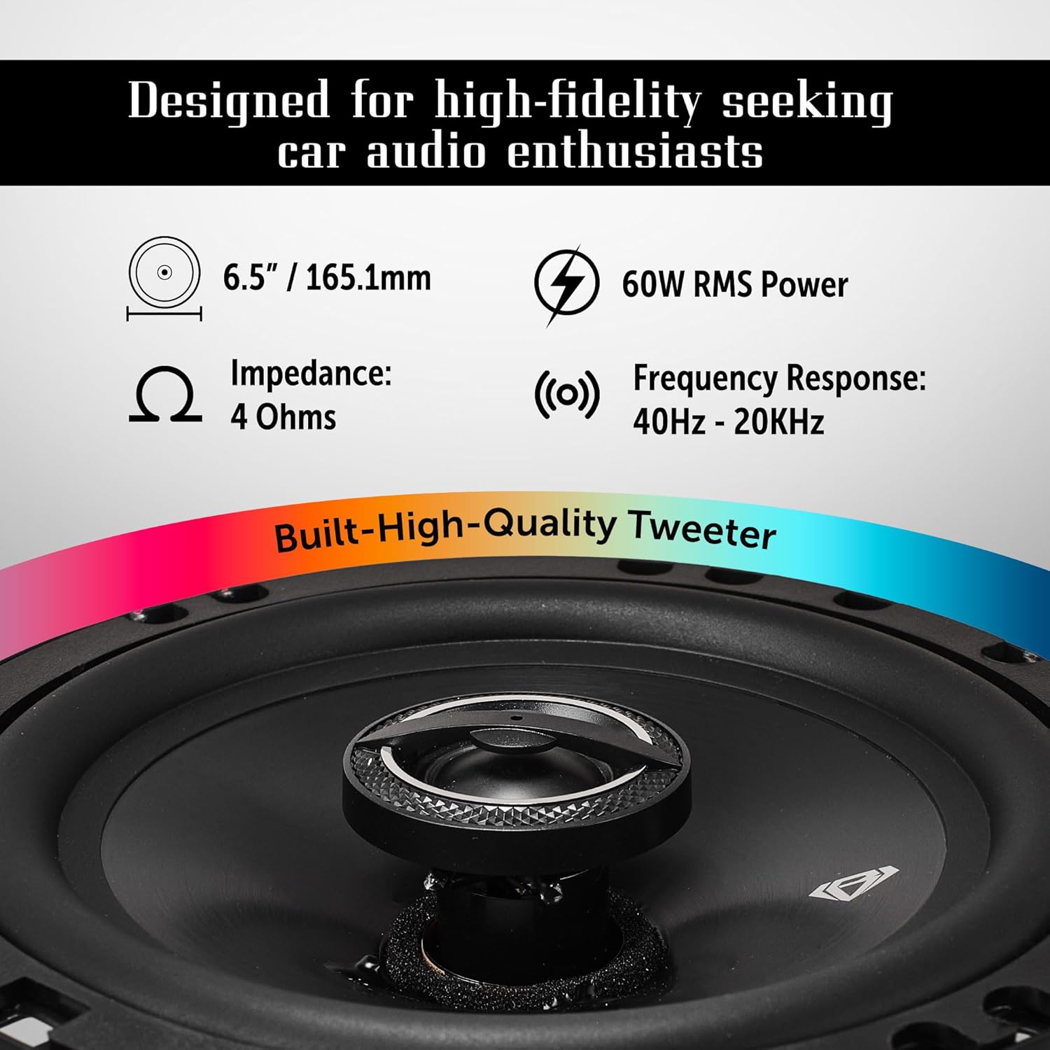 BLACK DIAMOND DIA-65.2 6.5" 2-Way Coaxial Car Speakers – 60W RMS / 120W Max, 4-Ohm, IMPP Cone with Rubber Surround, Removable Grill, High Clarity Tweeters, Front & Rear Door Replacement