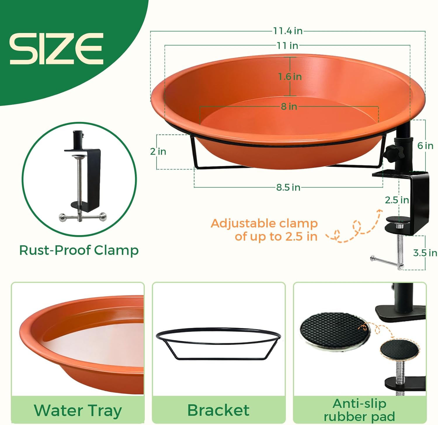 Deck Mounted Bird Bath for Railing,Vivid Terracotta Finish,Detachable Bowl & Heavy Duty Adjustable Clamp Rust-Proof 11.5 Inch Metal Bird Feeder for Balcony,Patio,and Garden(Oriole Orange)