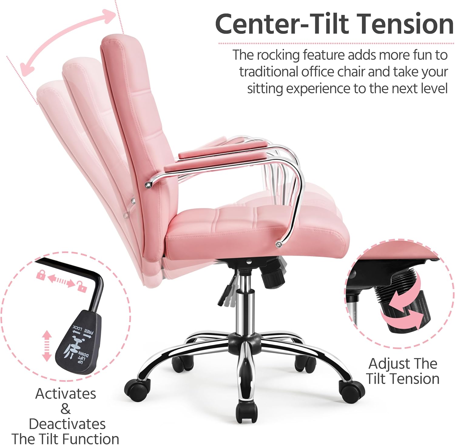 Yaheetech 2pcs Office Exectuive Chair Height Adjustable Swivel PU Leather Managerial Home Desk Chair with Arms Pink