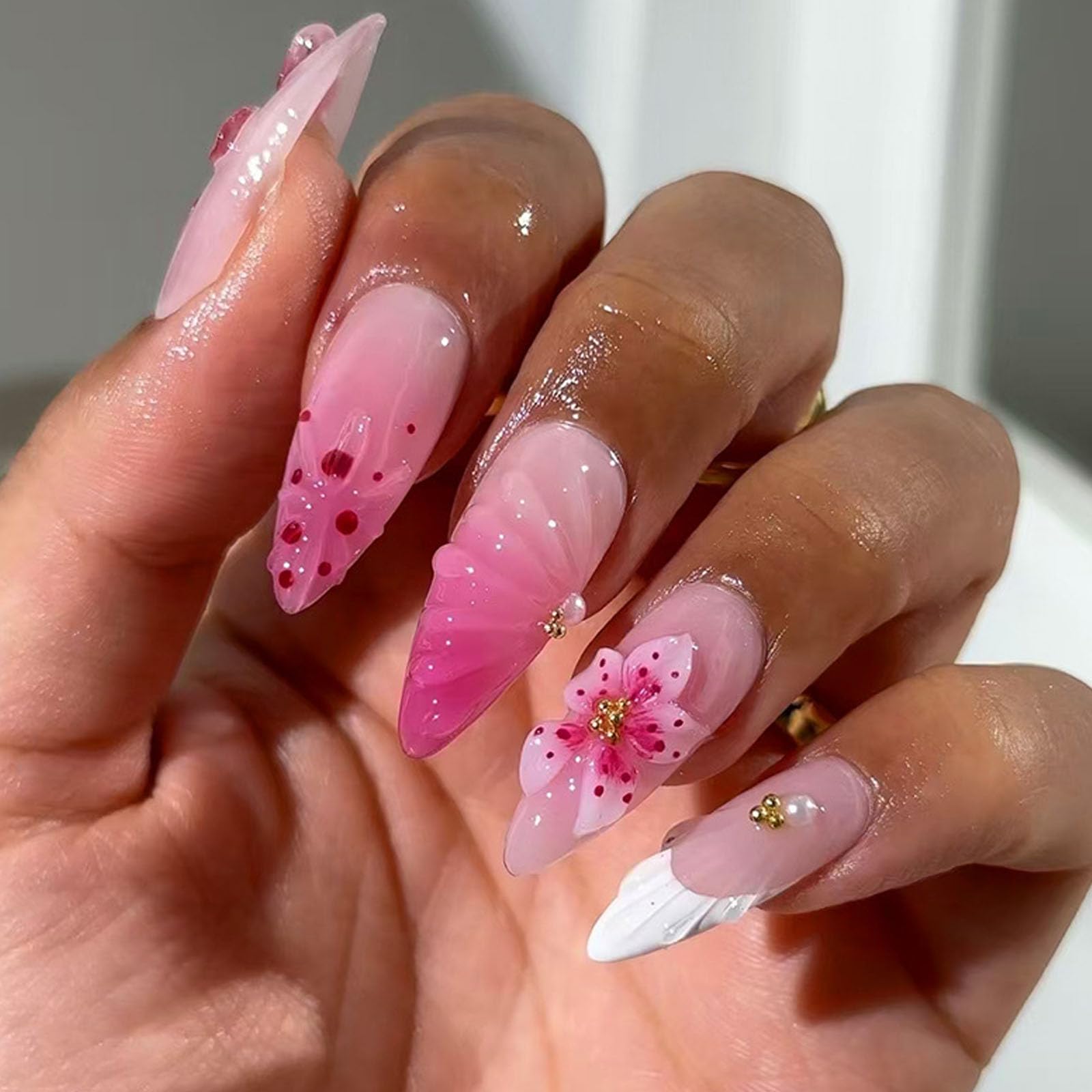 Soft Pink Gradient Stiletto Press-On Nails With Glossy Floral & Polka Dot Designs