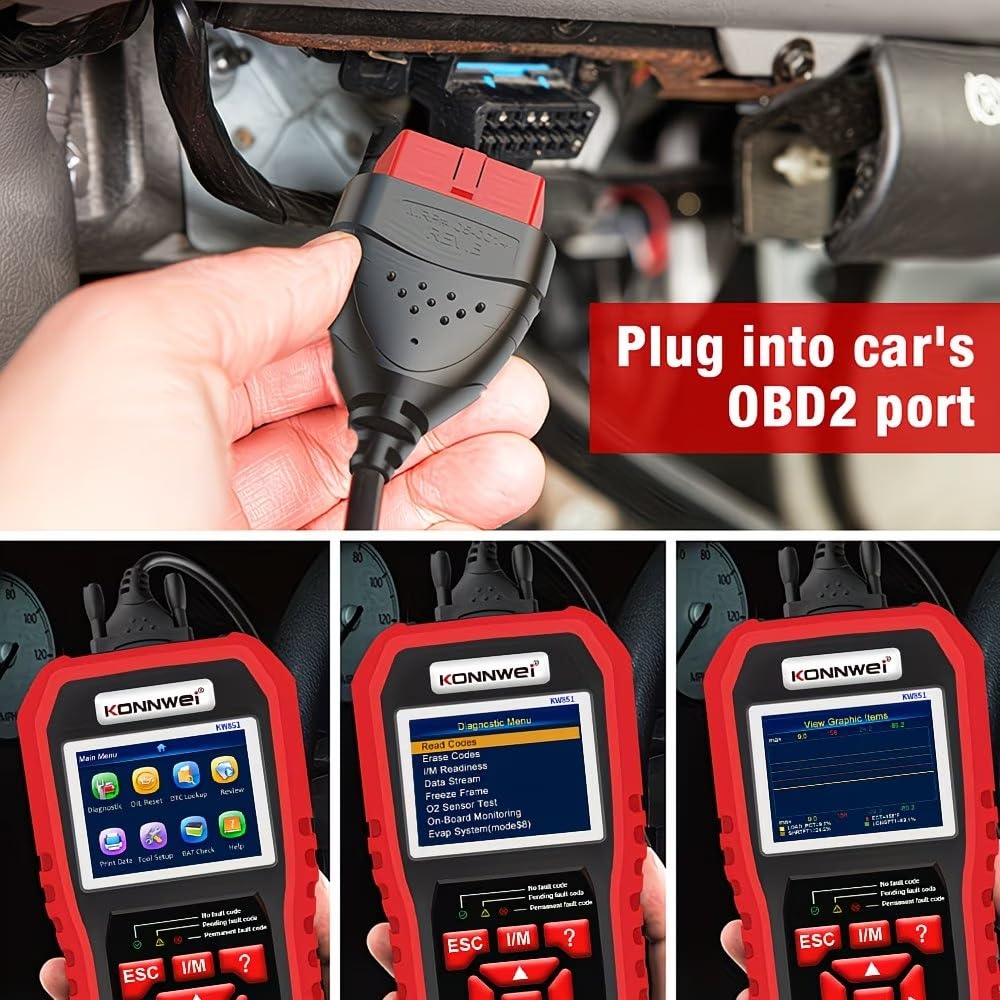 KONNWEI KW851 KFZ Diagnosegerät OBD2 OBDII/EOBD Auto Scanner Auslesegerät mit Batterietest, Fehlercodes Lesen Löschen, Live-Daten, I/M Readiness, für Fahrzeuge Benzin Diesel ab 2002