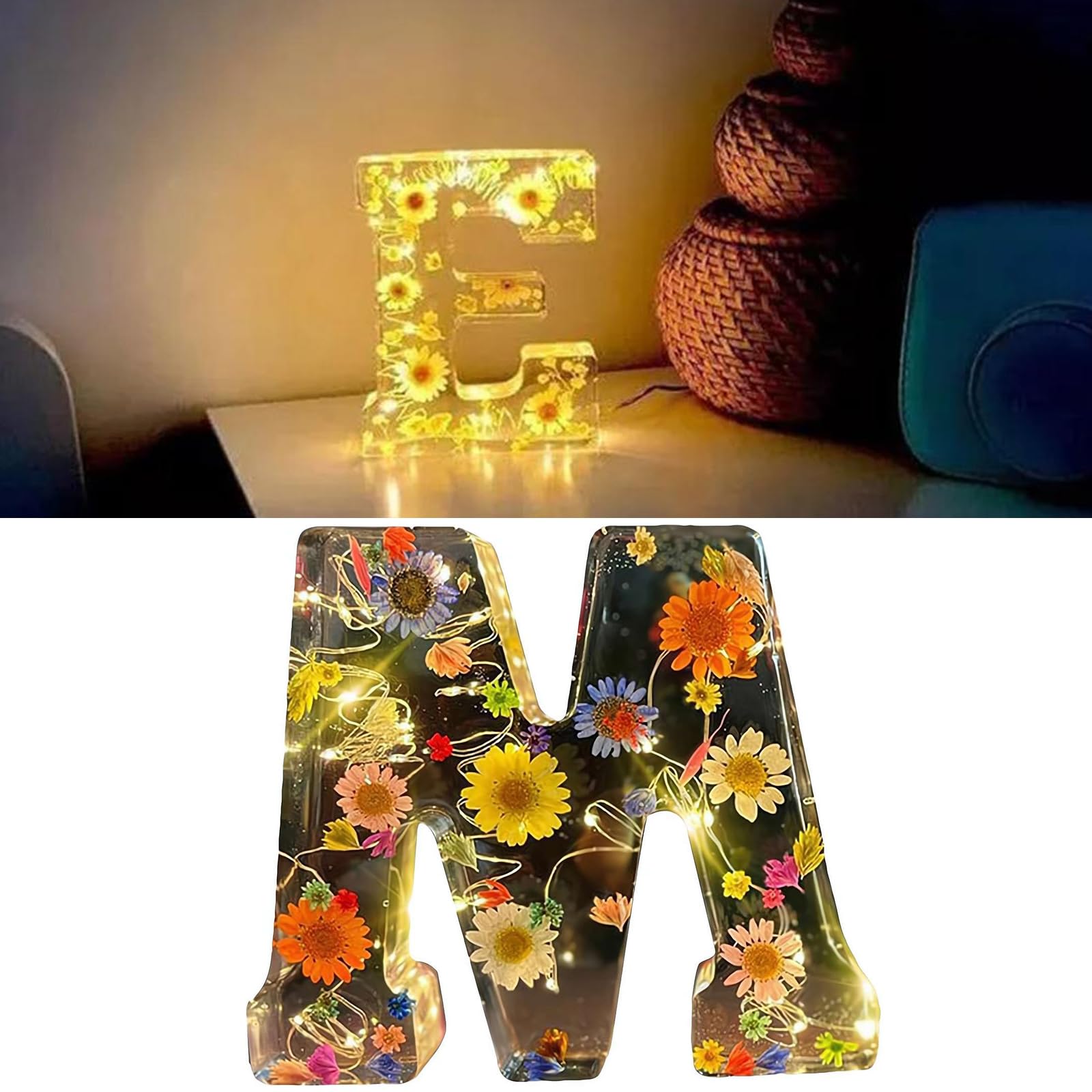 Floral Resin Night Light Letter - Pressed Flower LED Lamp, Personalized Creative Light Up Sign for Home, Party, Christmas, Wedding Decor (M)