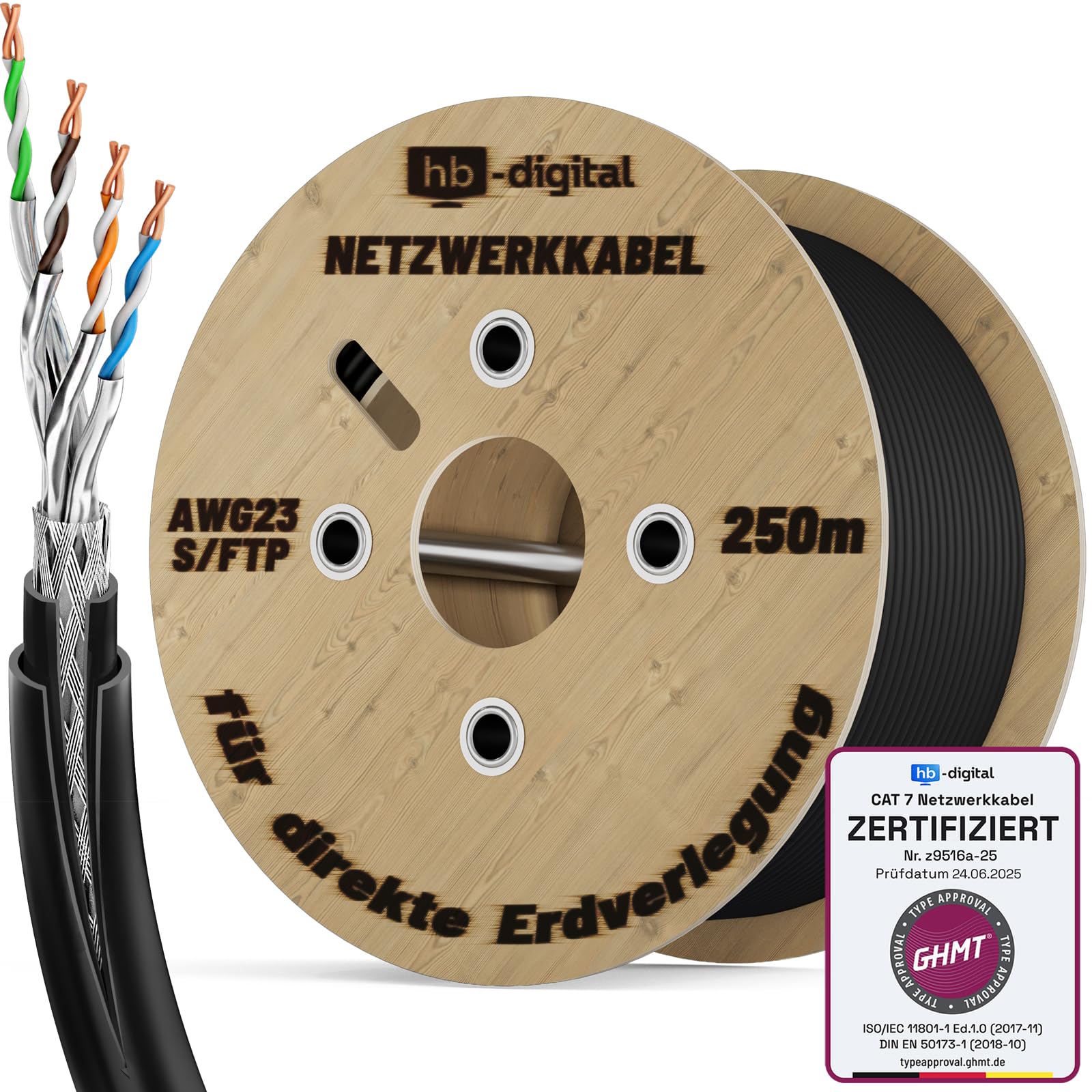HB-DIGITAL Cable de red para exteriores (cat. 7, 250 m, para enterramiento directo, S/FTP AWG23/1, cobre puro, doble revestimiento, PVC + LLDPE, resistente al agua, PoE 10 Gbit/s, cable Ethernet para