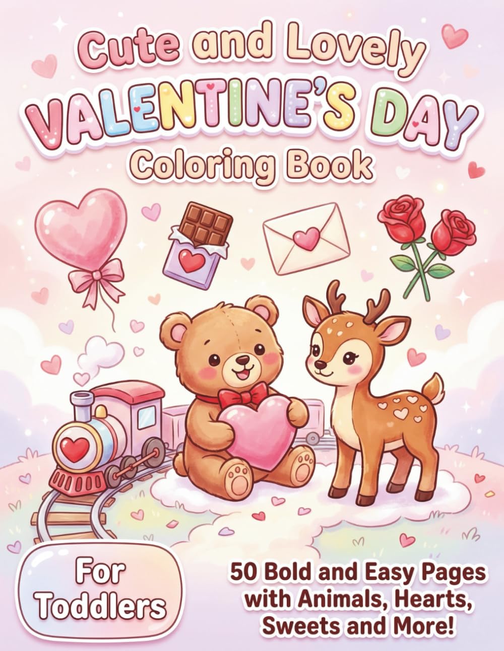 Cute and Lovely Valentine Coloring Book: 50 Bold and Easy Pages with Animals, Hearts, Sweets and More for Kids