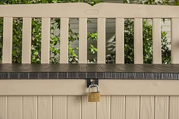 Keter Eden Bench 265L Outdoor 60% recycled Garden Furniture Storage Box Beige & Brown Wood Panel Effect | Fade Free | All Weather Resistant | Safe and Secure | Zero Maintenance |
