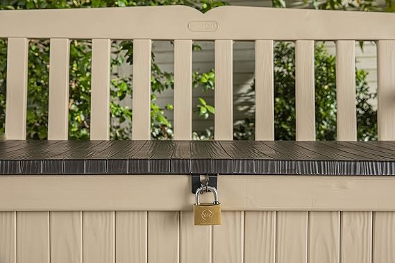 Keter Eden Bench 265L Outdoor 60% recycled Garden Furniture Storage Box Beige & Brown Wood Panel Effect | Fade Free | All Weather Resistant | Safe and Secure | Zero Maintenance |