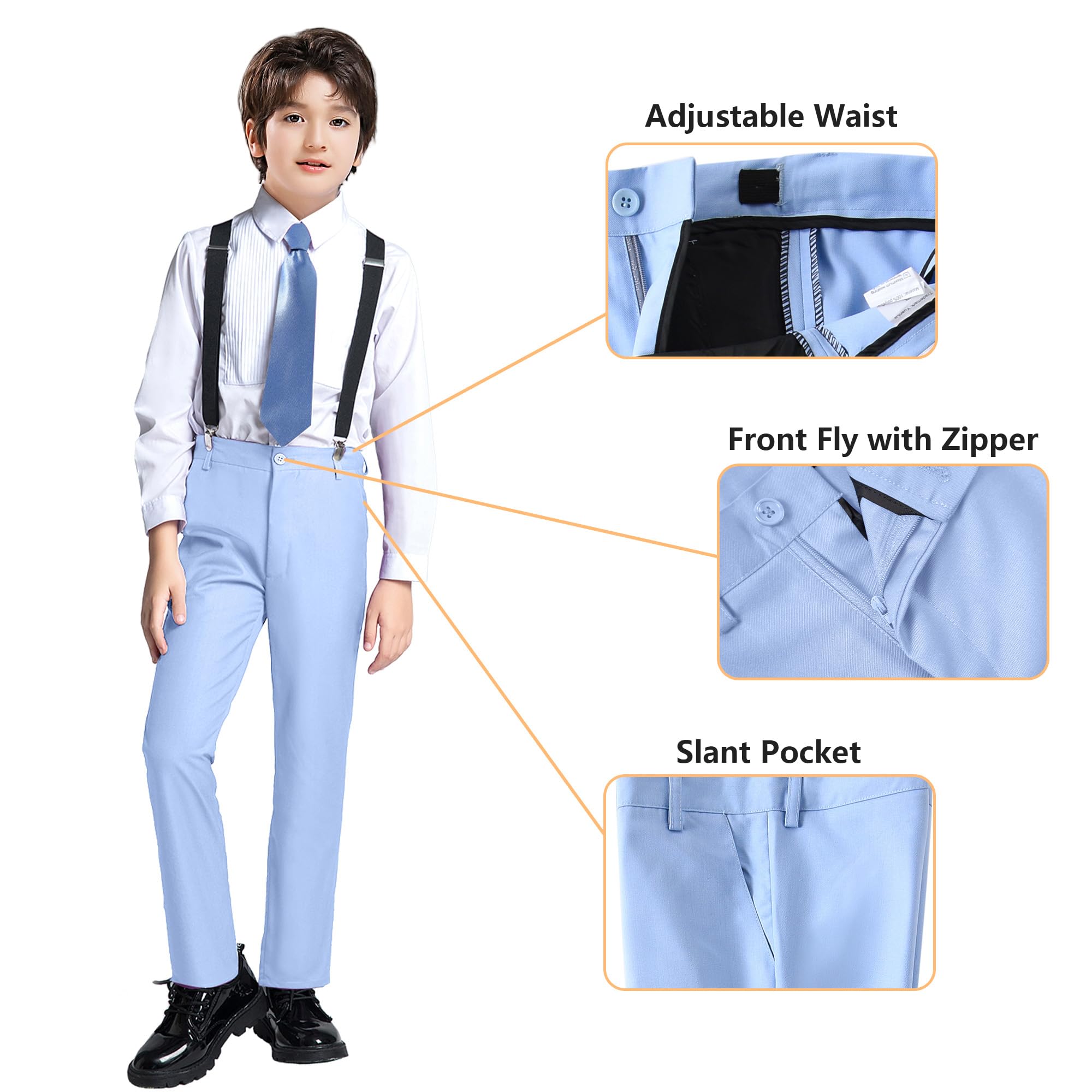 Boy's Formal Suit 7 Piece Slim Fit Tuxedo for Kids Teen Boys Jacket Vest and Pants Set for Wedding with Bow Tie Suspenders | Set mit Jacke, Weste und Hose, Hemd, Fliege, Krawatte, Hosenträger