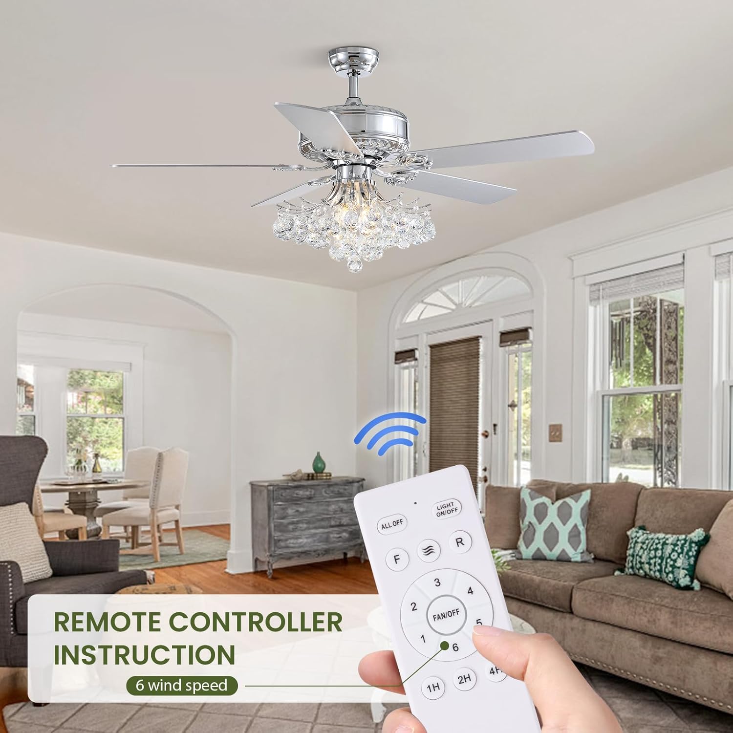 MOOONIHCE 52" Elegant Ceiling Fan with Light and Remote, Raindrops Crystal Fandelier with Wood Blades, Reversible Chandelier Fan for Living Room Bedroom Dinning Room