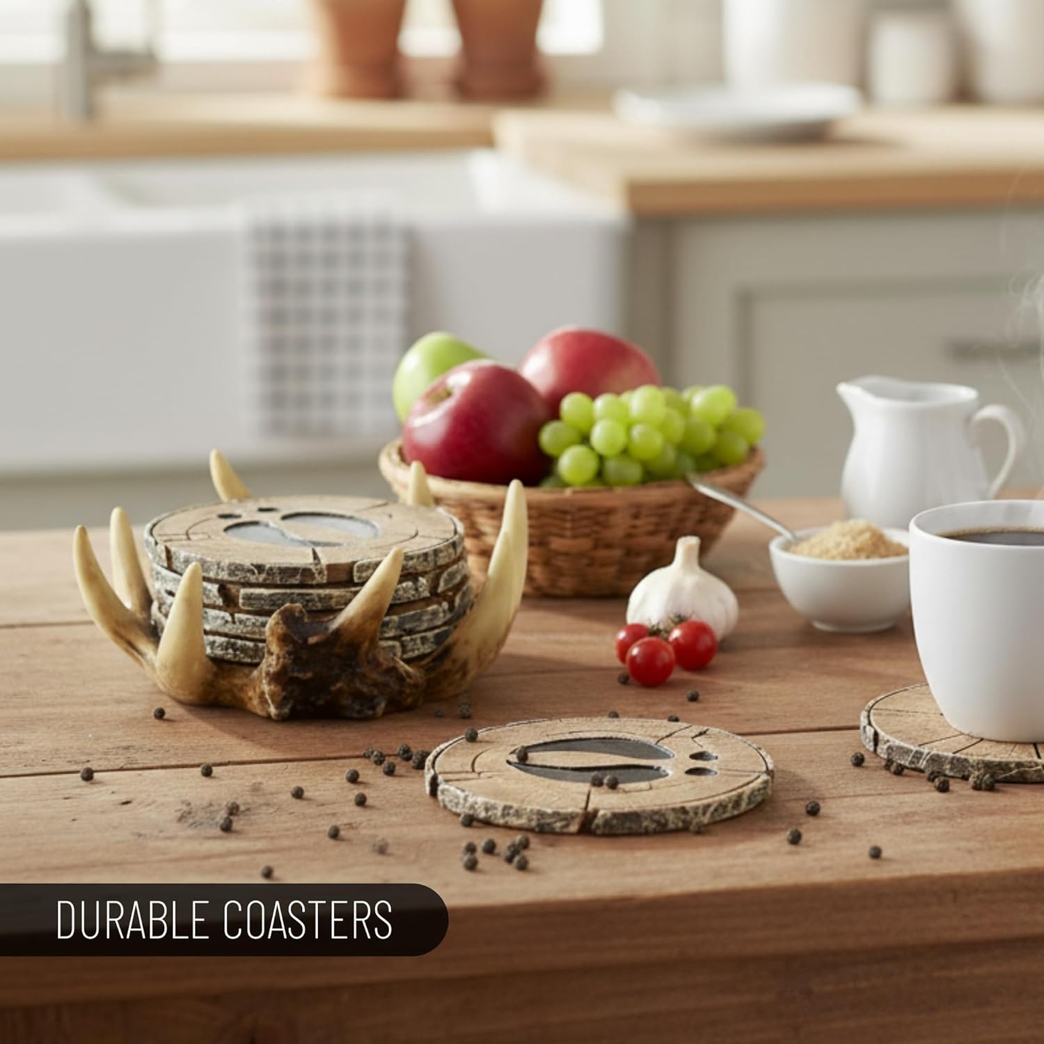 Pine Ridge Deer Antler Drink Coaster Set of 4 Old West Decor - Home Table Beverage Coaster with Holder - Drink Glass Holder with Outdoors Rustic Cabin Theme - Image 4