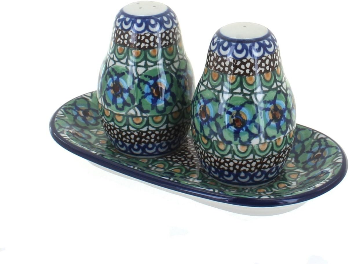 Blue Rose Polish Pottery - Brown Harvest Bounty Salt & Pepper Shakers with Tray - 3.5" Tall - Hand-Painted Ceramic Seasoning Set for Table & Kitchen