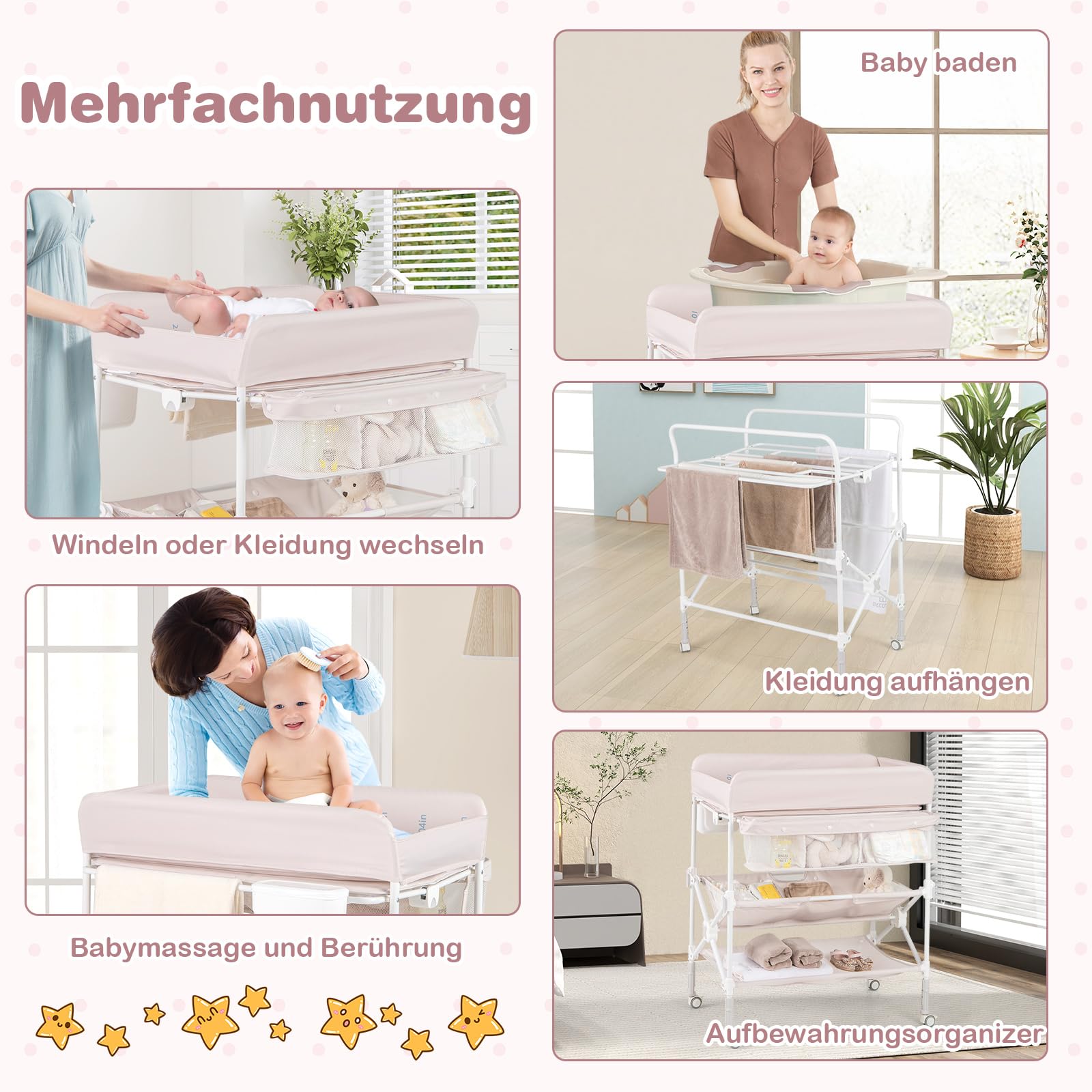 COSTWAY 5 in 1 Wickelkommode, Wickeltisch klappbar, Wickelstation höhenverstellbar mit Seitenkorb, Regalen & Mülleimer, tragbares Baby Changing Table mit Rollen für Neugeborene & Säuglinge (Beige)