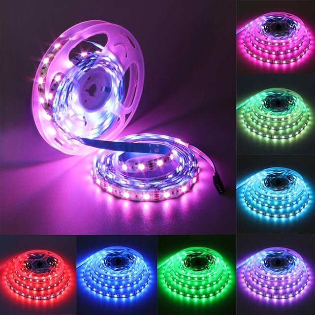 YUNBO LED Strip Light RGB Colorful, 16.4ft/5M 300 Units Cuttable SMD 5050 12V Non-Waterproof Flexible LED Tape Light for Home, Kitchen Cabinet, Living Room Lighting Decoration