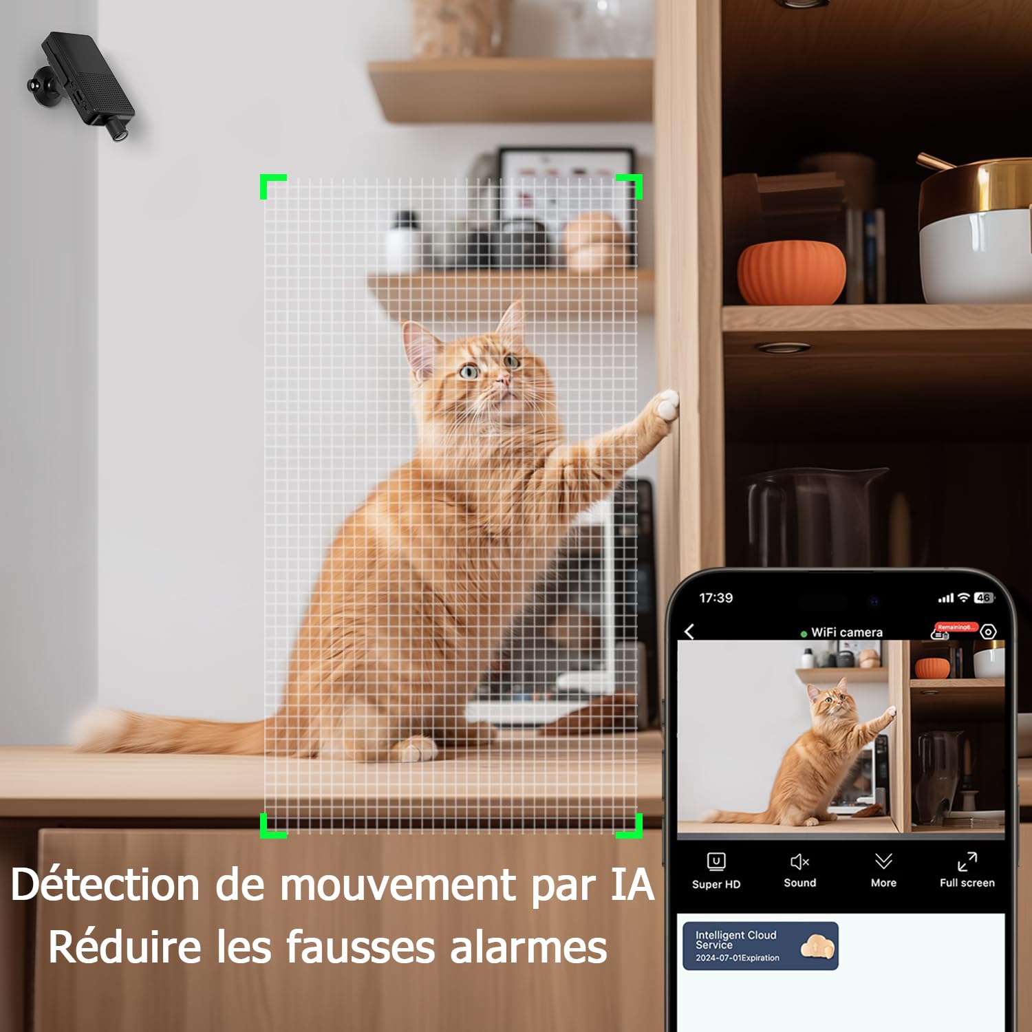 Digimore Mini Camera Espion sans Fil, WiFi Camera Surveillance 10h Enregistrement Continu, Stockage Cloud Gratuit, Batterie 3000Mah, Détection Mouvement & Vision Nocturne, Intérieur/Extérieur