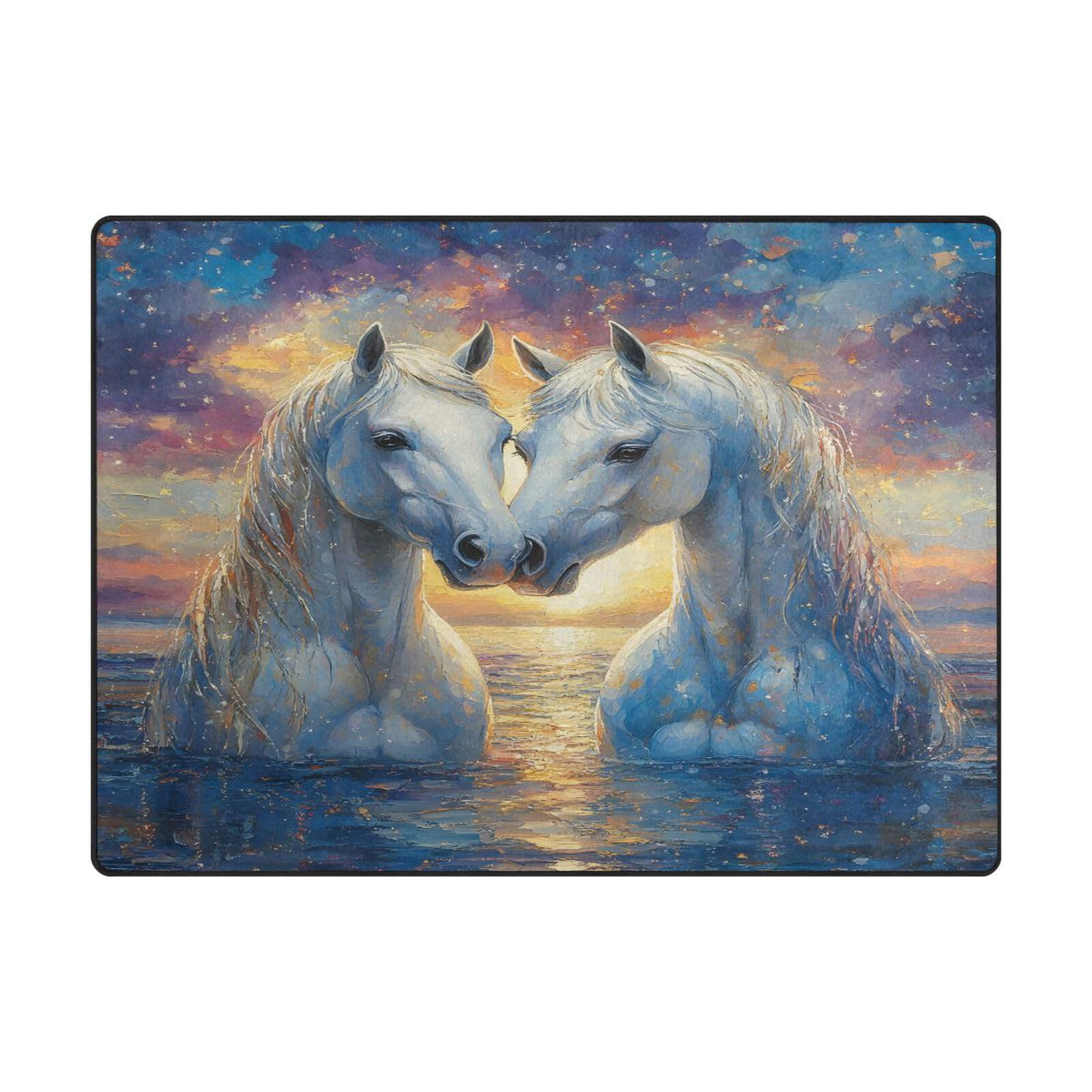 Grand tapis de sol contemporain 203 x 147 cm motif cheval blanc J Mnsruu