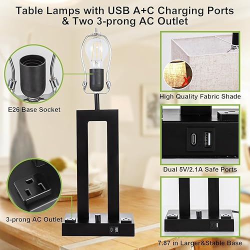 Miniatura 5 de Juego de lámparas de mesa modernas de 2 a 22 pulgadas de alto con puertos de carga USB-CUSB-A y tomacorriente, de tela regulable, color crema,