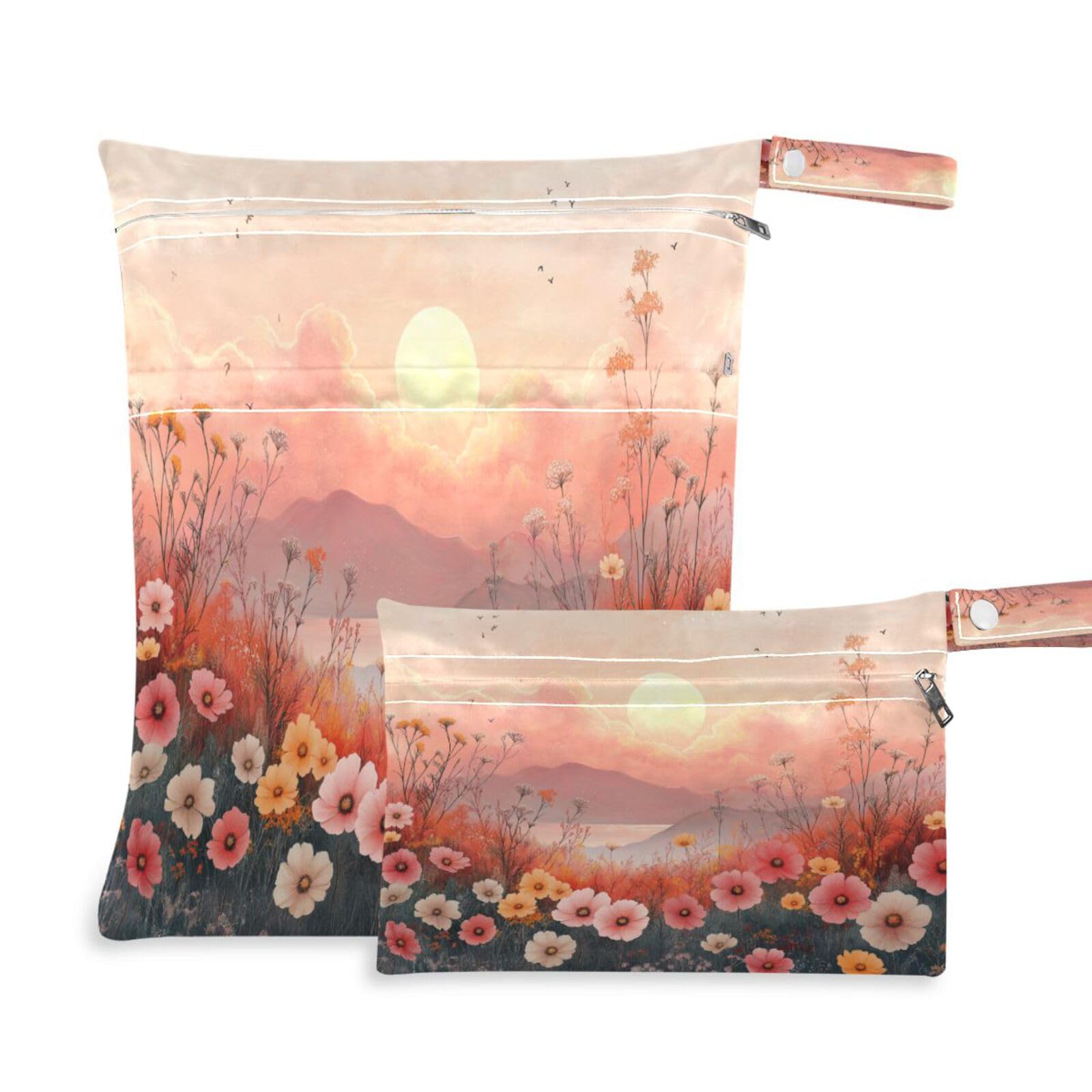 ATTX Wildflowers by The Sea Wet Dry Bags 2-Pack - Reusable Cloth Diaper Storage for Travel, Beach & Gym | Multi-Use Waterproof Bags for Swimsuits, Baby Clothes, Sports Gear#218