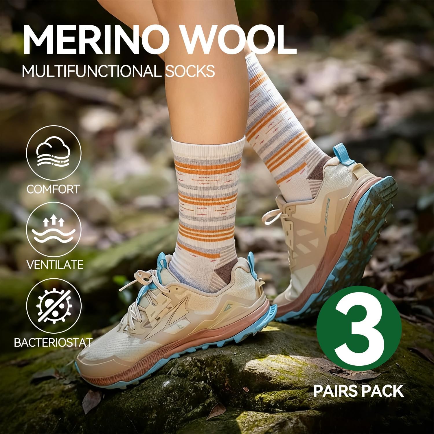 3Pairs Women’s Merino Wool Hiking Socks, Breathable Cushion Crew Socks for Outdoor Hiking - Image 4