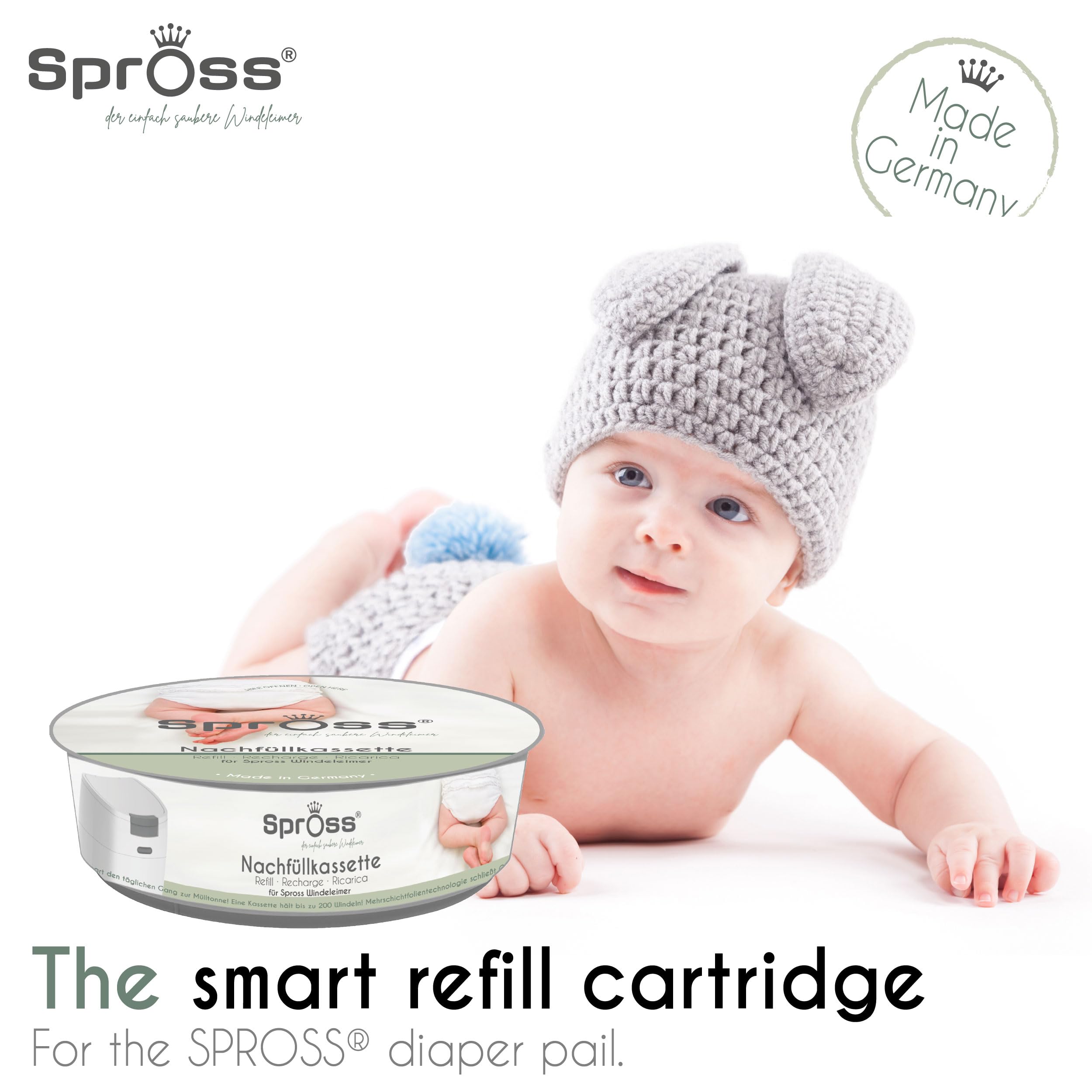 Spross® Recharges pour poubelle à couches Spross (lot de 5) • Film hermétique aux odeurs contre les mauvaises odeurs • Jusqu’à 190 couches par cassette • Sans emballage individuel