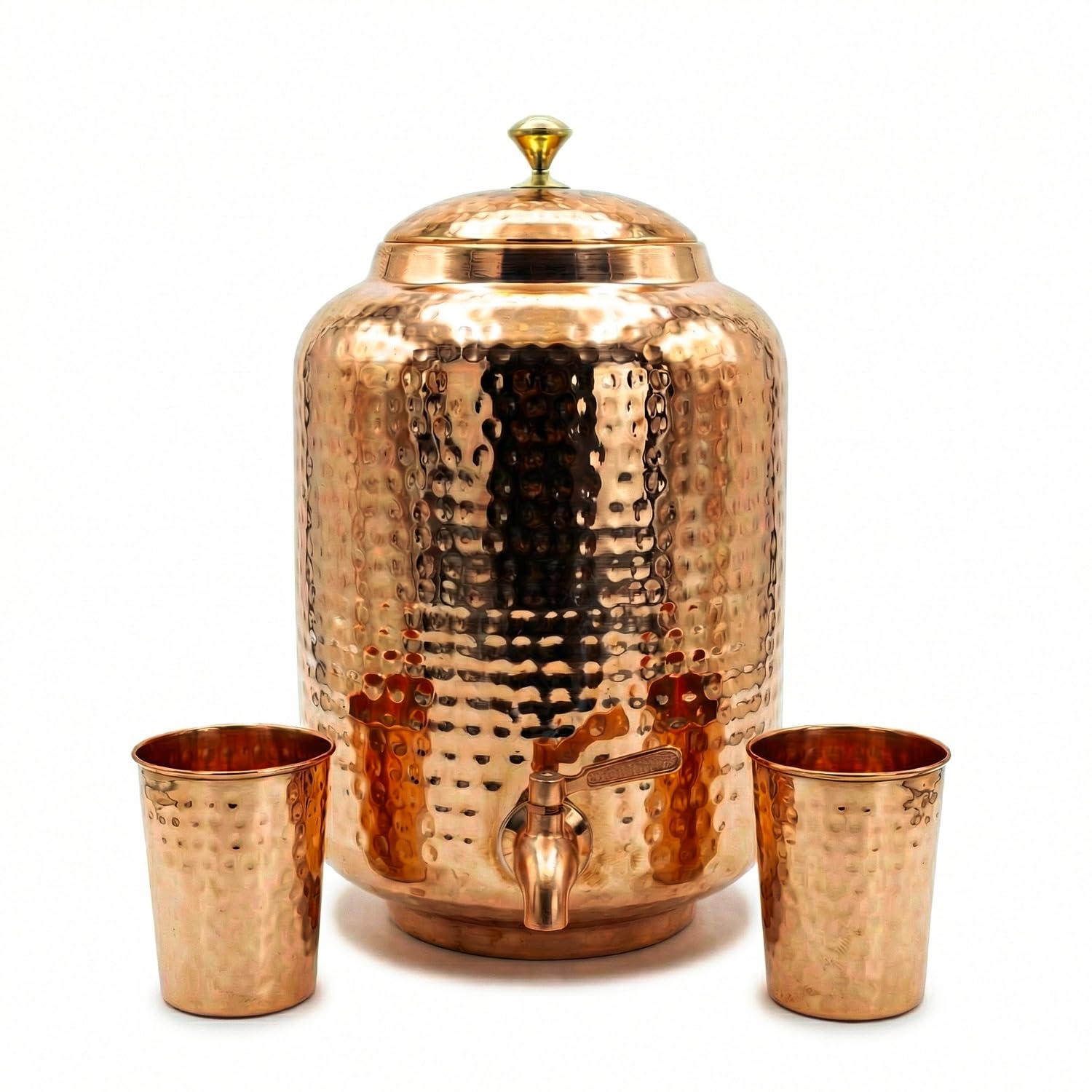 8L Kupfer Wasserspender mit 2 Bechern, 99,99% Reines Kupfer, Großes Volumen, Auslaufsicherer Hahn, Silikonverschluss, Weite Öffnung, Handgefertigt, Ayurvedisch, Antimikrobiell, Umweltfreundlich