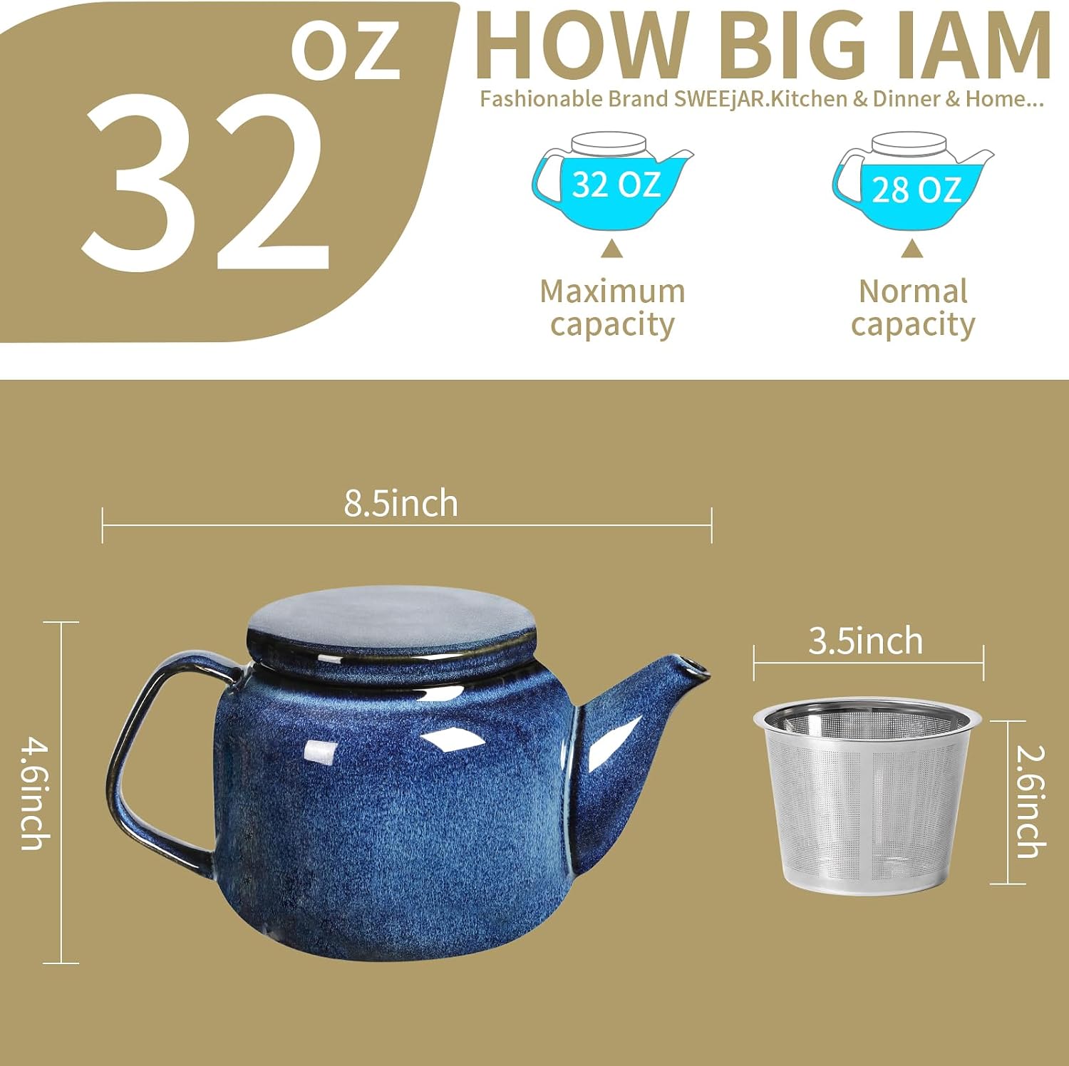 Vicrays Ceramic Teapot with Infuser - 32 oz Porcelain Tea Pot with Removable Stainless Steel Tea Straingers and Lid for Loose Tea, Reactive Glaze, Microwave & Dishwasher Safe (Blue)
