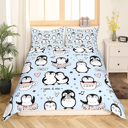 Miniatura 2 de Juego de funda de edredón para niños de dibujos animados, diseño de pingüinos de dibujos animados, lindo juego de ropa de cama de animales árticos,