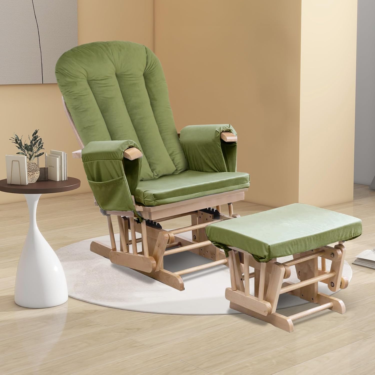 Lucky Monet 5PCS Velvet Glider Rocker Replacement Cushions, Thickened & Supportive Rocking Chair Cushion Set with 29.5 Inch High Backrest & Storage Pockets, for Indoor Nursery Glider & Ottoman, Green