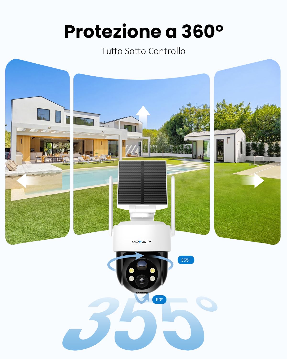 Telecamera WiFi Esterno 2K/3MP con Pannello Solare 2 in 1 | Senza Fili con Batteria, 360° PTZ, Visione Notturna a Colori, PIR, Audio Bidirezionale, Senza Abbonamento
