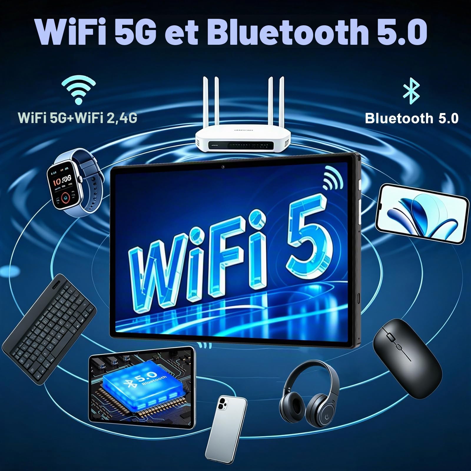 ZIOVO Android 15 Tablette 10 Pouces,30Go RAM+128Go ROM (TF 1To) Tablet,5G WiFi Tablettes,Octa-Core 2.0 GHz/Gemini AI/Widevine L1/8000mAh/BT 5.0/GPS/Face ID/2 en 1 Tablette avec Clavier et Souris-Noir