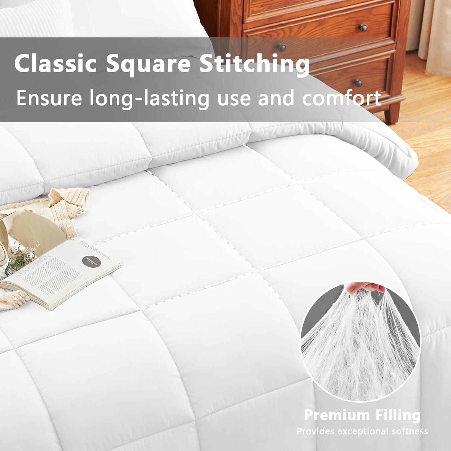 CozyLux Queen Size Comforter Sets White - 3 Pieces Box Stitched Queen Bed Set for All Seasons, Soft Lightweight Bedding Sets with 1 Down Alternative Comforter and 2 Pillow Shams - Image 2