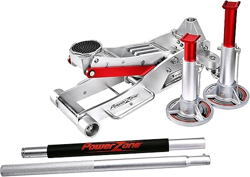 Power Zone 680065 Bomba dual de elevación rápida Gato hidráulico de aluminio de 3 toneladas con 3 toneladas de aluminio Jack Stand Combo Set,