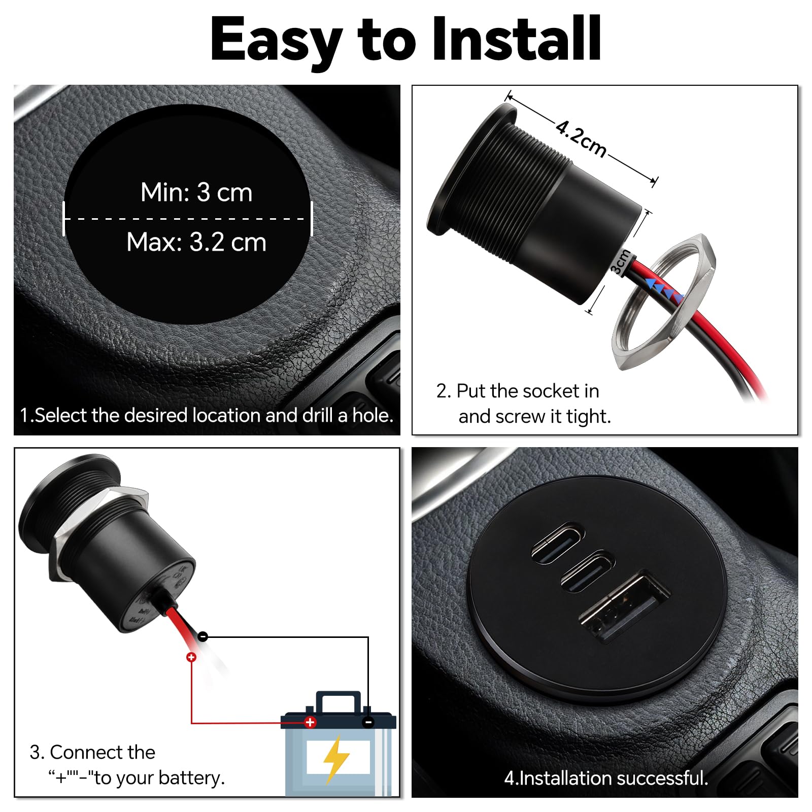 acegoo Prise USB C 12V Aluminium Voiture Chargeur Encastrable, Double PD3.0 et QC3.0, Charge Rapide Multiport pour Camping-Car Bateau Marine Camion Caravane, 2 Pièces