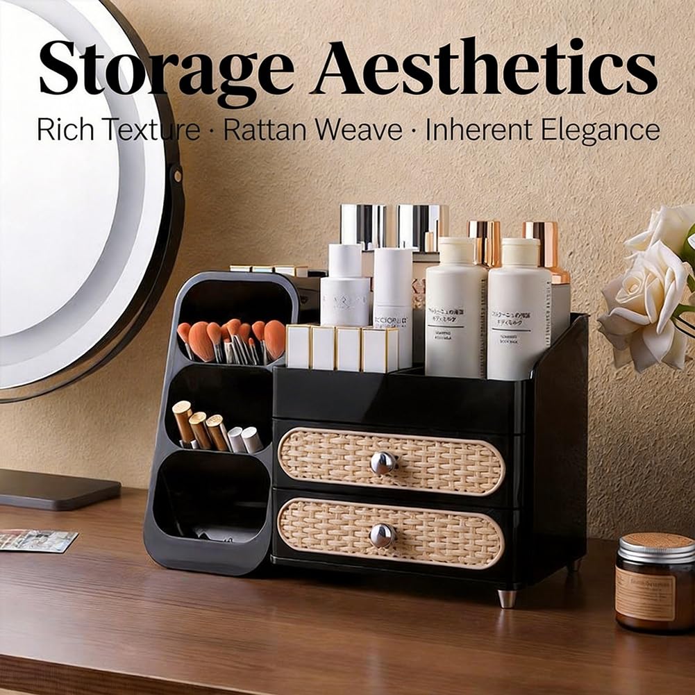 Organizer per trucchi con 2 cassetti, organizer per la cura della pelle, antiscivolo, porta pennelli per cosmetici, profumi, palette di ombretti, smalti per unghie