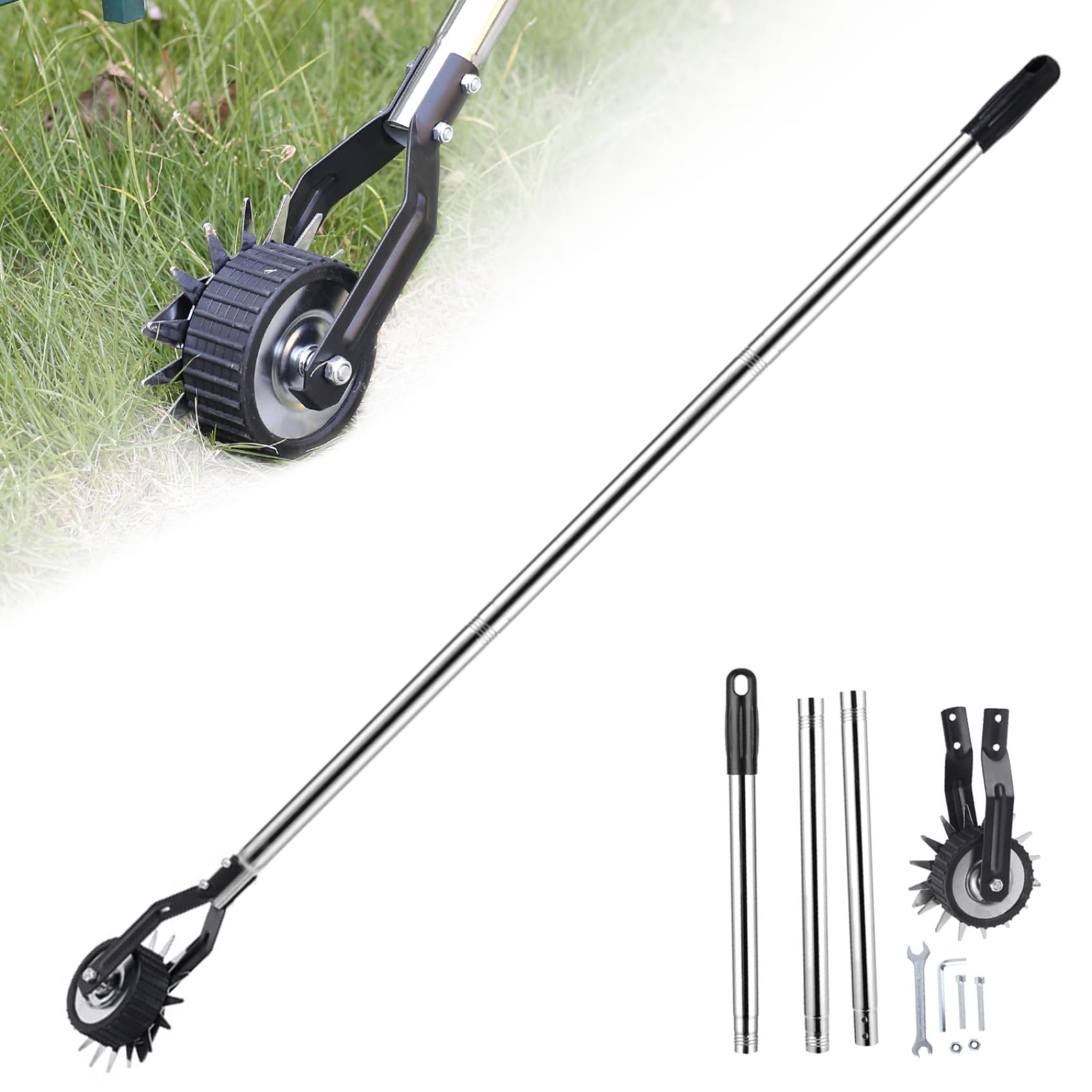 Jualyue Edger Lawn Tool 53.2 inch Manual Lawn Edger with 3 Sections Stainless Steel Handle Rotary Grass Tool with Wheel Garden for Landscaping Sidewalk Yard