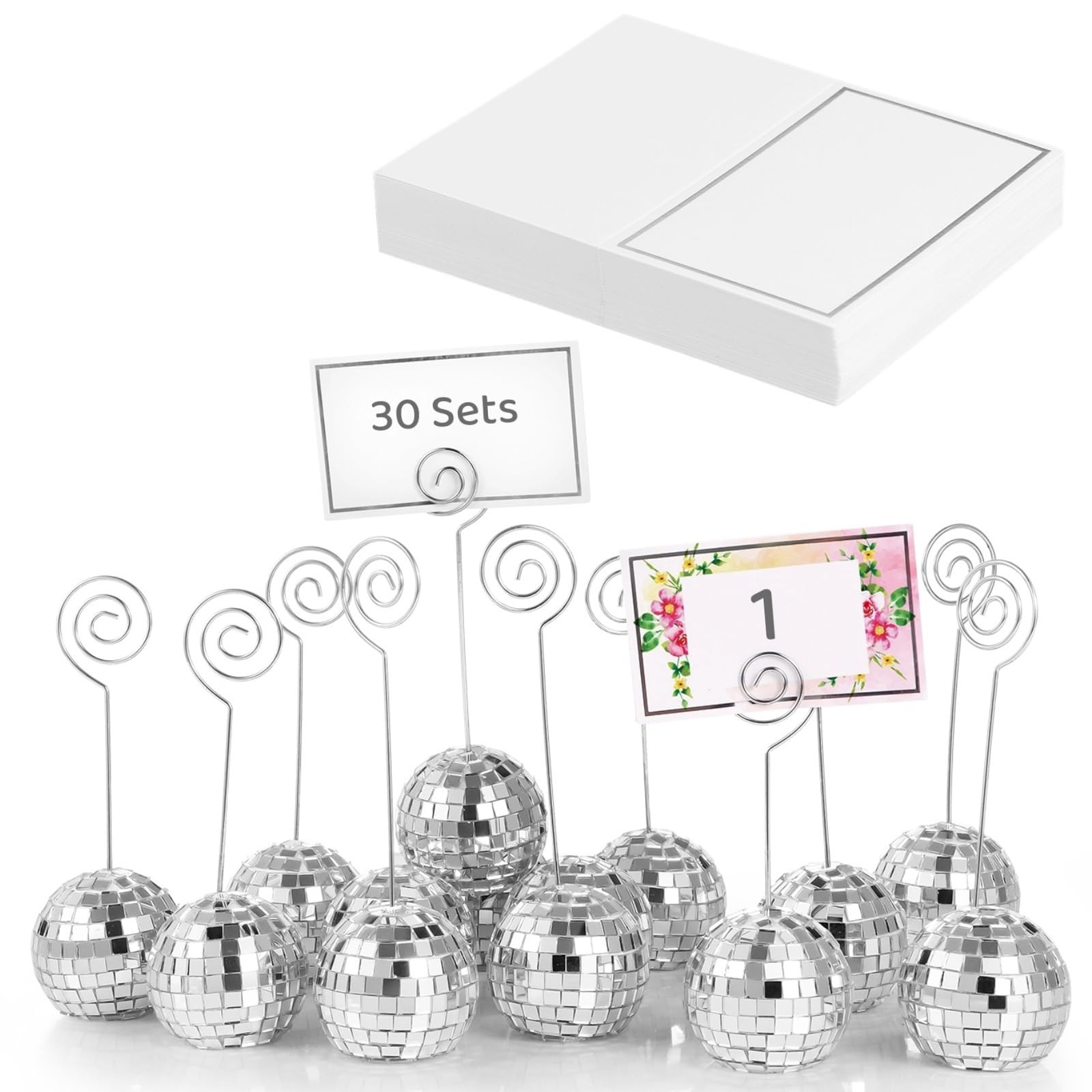 30 Sets Silber Discokugel Kartenhalter mit Wirbeldraht & Tischkarten, Tischnummernständer für Hochzeiten, Partys