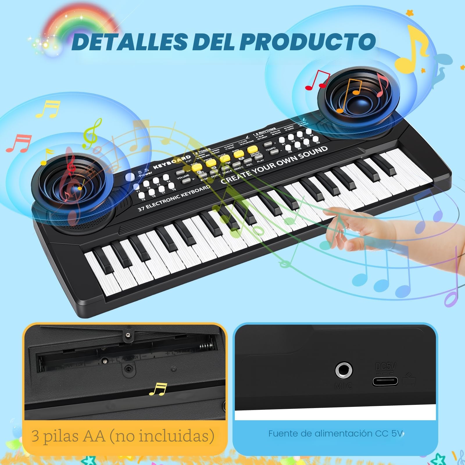 Piano Infantil Teclado Musical 37 Teclas con Micrófono,Multifunción Portátiles Piano Electrico Infantil Juguete, Organo Electronico Niños Educativa Regalo Piano para Niños 3 4 5 6 7 Años