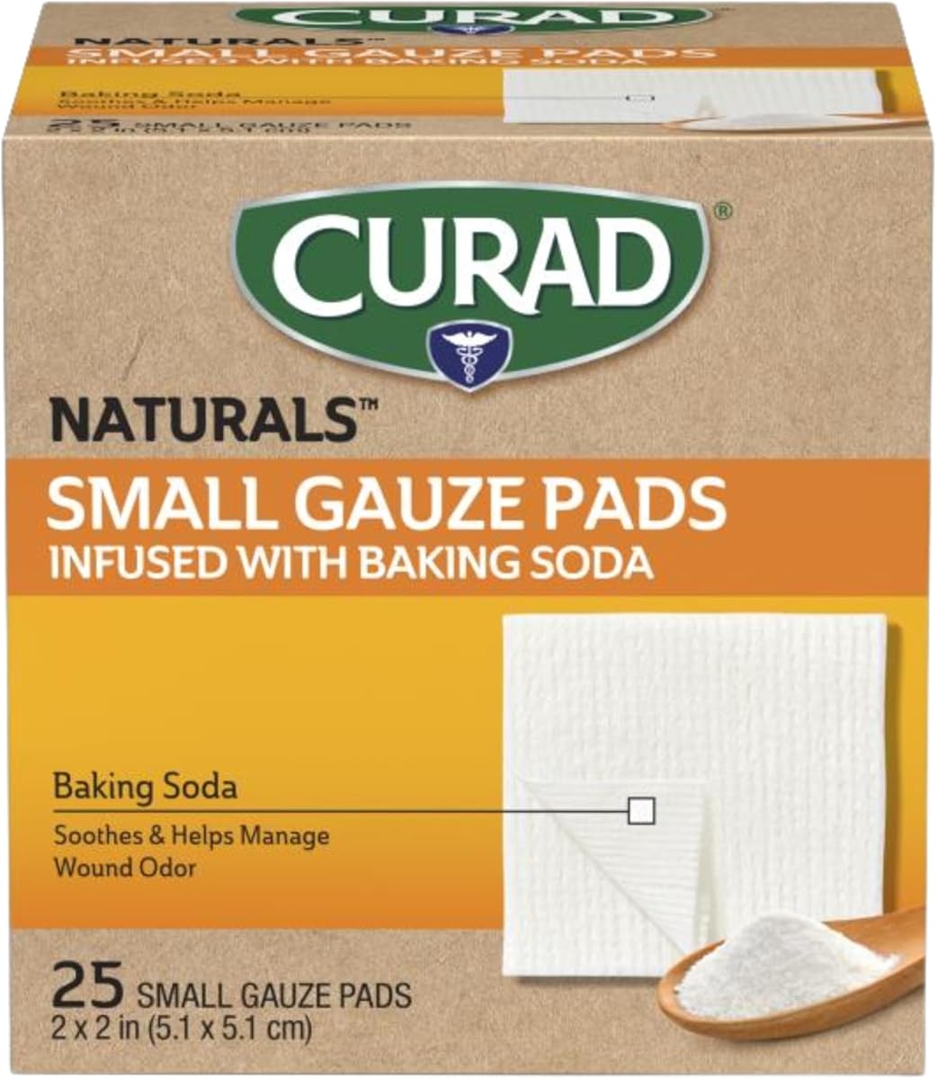 CURAD® Naturals™ Almohadillas de gasa pequeñas con bicarbonato de sodio, 2 x 2 pulgadas, 75 unidades | 3 cajas de 25 toallas sanitarias, elementos esenciales del botiquín de primeros auxilios, paquetes estériles envueltos individualmente