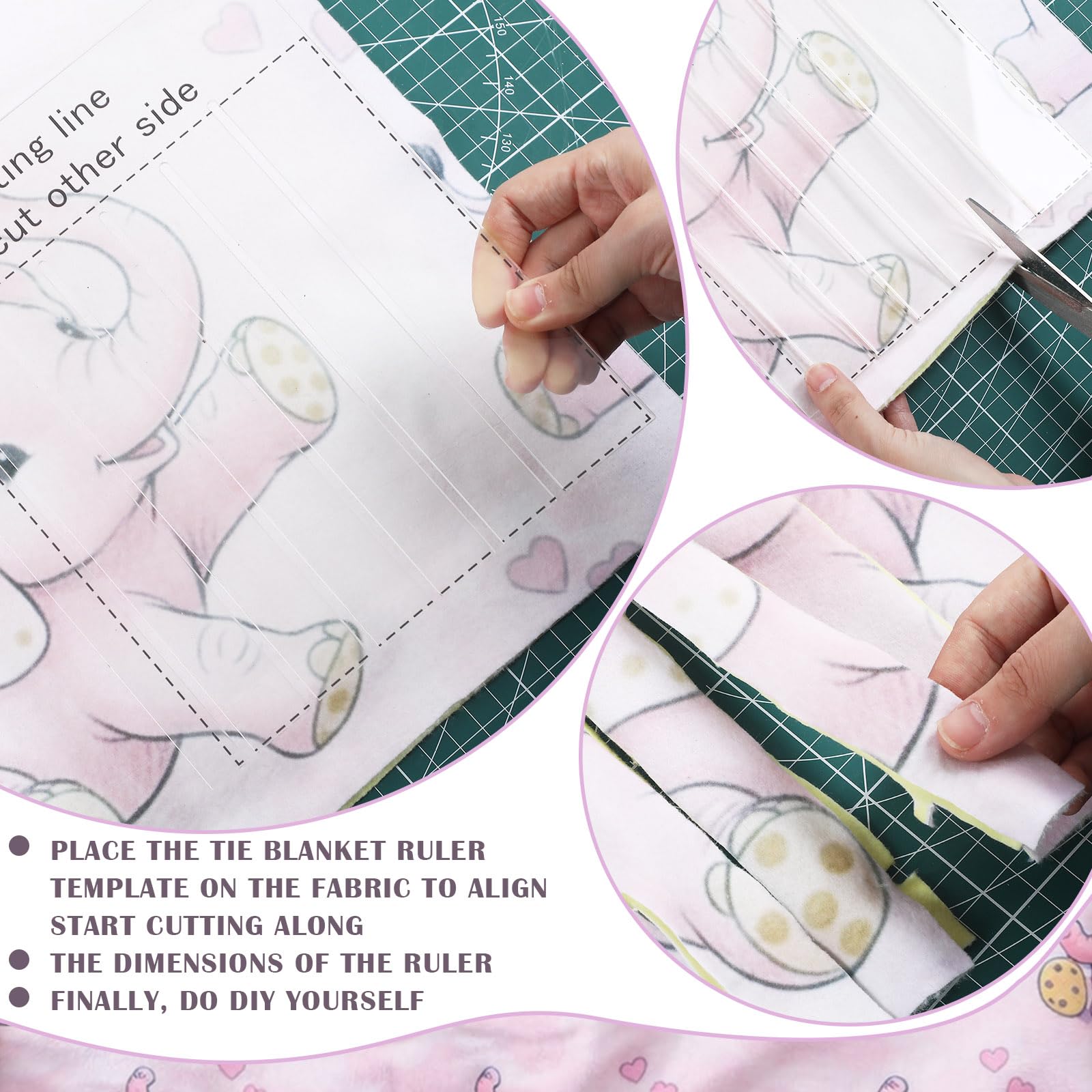 HunnmingRe 3 Pcs DIY Tie Blankets Fleece Kit No Sew Blanket Kit Include 50x60 Inch No Sew Fleece Fabric and Ruler Template DIY Throw Making for Bed Couch(Elephant) - 4
