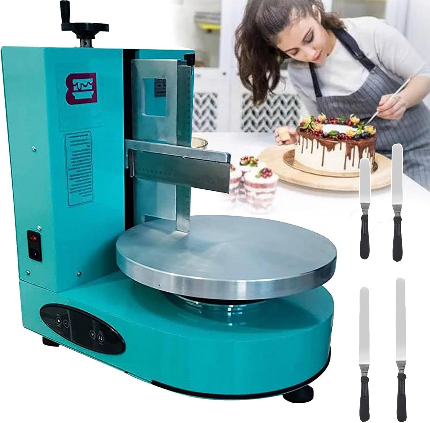 200w Electric Cake Cream Spreader For 4-12in Cake,Automatic Birthday Cake Coating Machine,Smooth Cake Icing Tool And 4 Flattening Tools For Kitchens, Cake Shops, Dessert Shops,Green