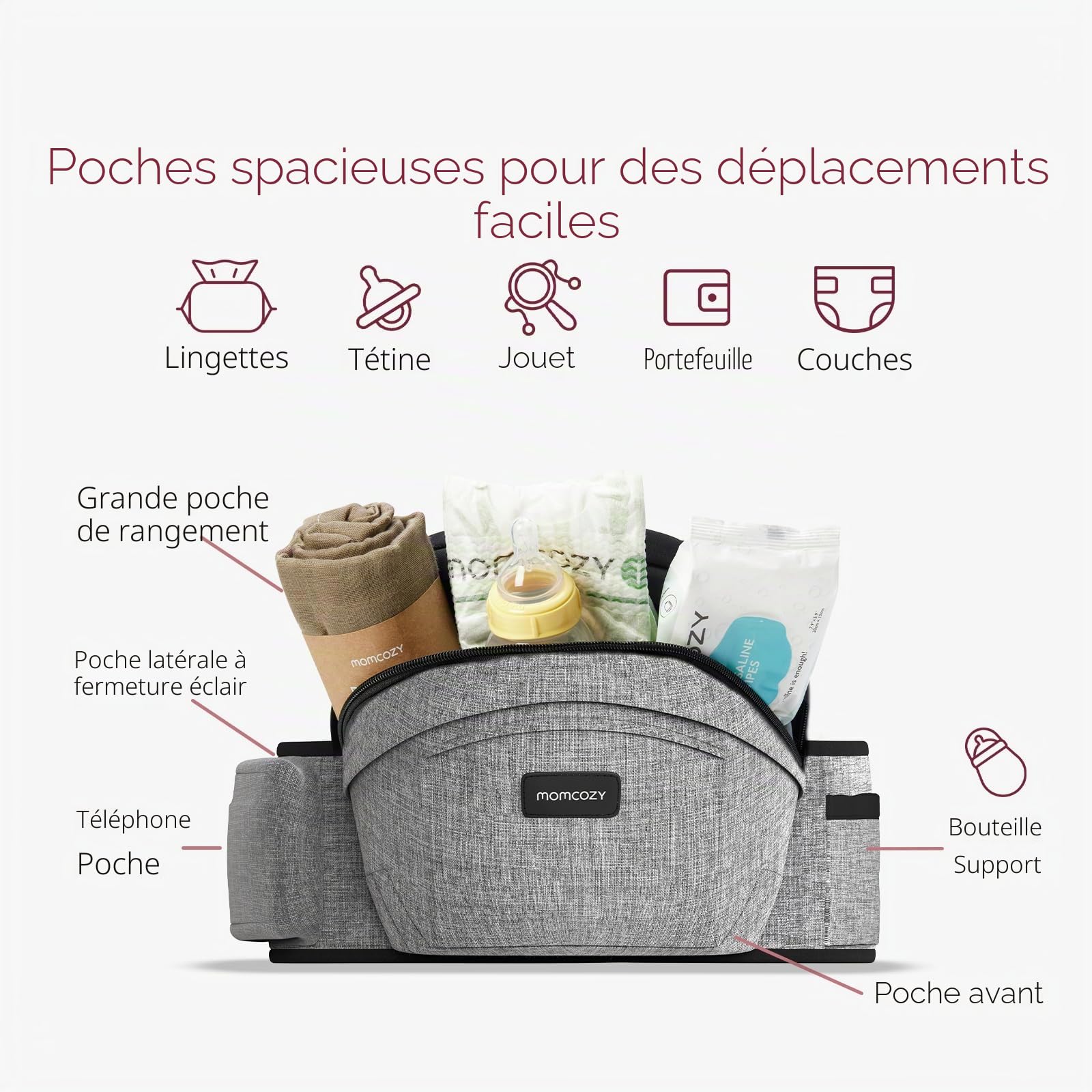 Momcozy Hip Seat Porte-bébé – Ceinture réglable avec protection ventrale 3D d'origine, porte-bébé ergonomique avec diverses poches, pour nouveau-nés et tout-petits jusqu'à 20,4 kg (gris, taille M)