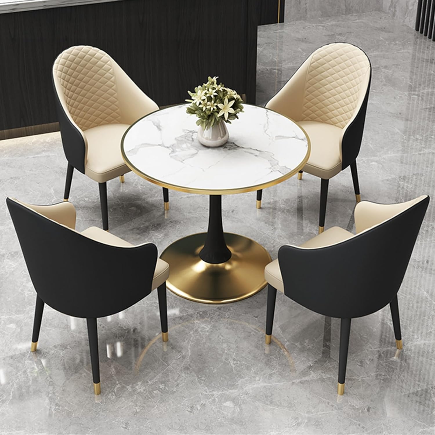 Modern Office Reception Room Club Table Set with 80cm Round Table and 4 PU Leather Chairs Ideal for Dining Room Living Room Coffee Shop Kitchen Black and Beige Color Scheme