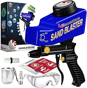 LE LEMATEC Gravity Feed Sandblaster Gun Kit, AS118 - for Light-Duty DIY Projects, Spot Cleaning, and Surface Finishing on Metal & Wood. Requires 7 SCFM Air Compressor & #46-100 Grit Abrasive Media.
